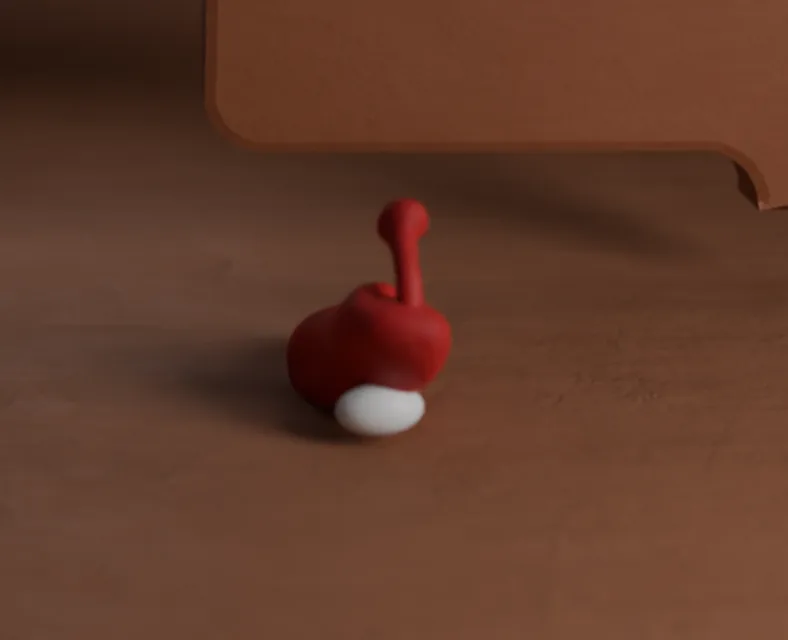 The red claymation character viewed from the side, its antenna curving back